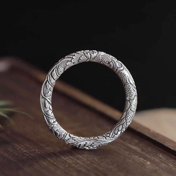 手作純銀浮雕鳳穿牡丹手環