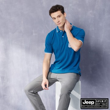 JEEP 男裝 百搭口袋刺繡短袖POLO衫-藍色
