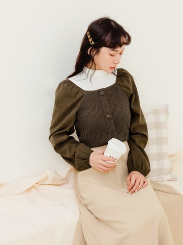 小V臉．方領立體紋理排釦拋袖上衣