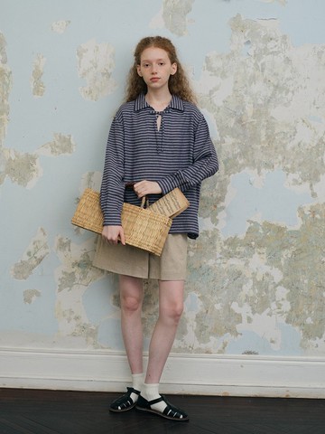 春夏亞麻條紋尖領復古長袖寬松襯衫