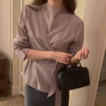 正韓女上衣 冰絲綁帶長袖襯衫OSR1066-創翊韓都