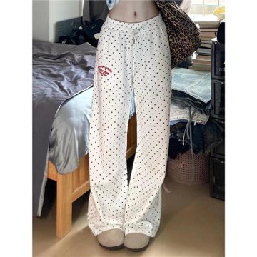 純棉美式字母刺繡波點休閑褲女秋季寬松高腰運動慵懶風闊腿長褲子