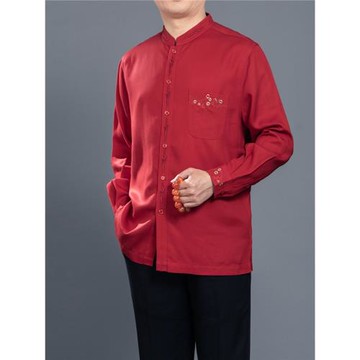 百福龍男士唐裝長袖襯衫新款 中國風立領刺繡襯衫 爸爸生日宴會裝