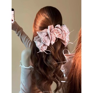 免運🔥超仙粉色絲絨玫瑰彈簧夾珍珠蝴蝶結甜美少女心後腦勺髮夾百搭髮飾彈力髮圈 髮夾 鯊魚夾 发饰 髪箍 頭箍 髮束 皮筋