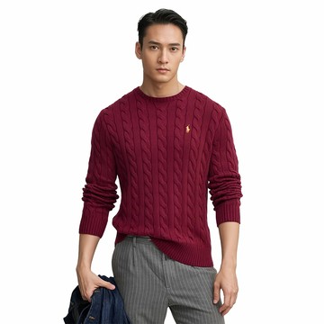 Polo Ralph Lauren RL 熱銷刺繡小馬麻花毛衣-酒紅色