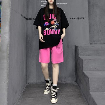 M家潮牌歐貨酷酷風格女裝短袖t恤五分短褲兩件套炸街休閑運動套裝
