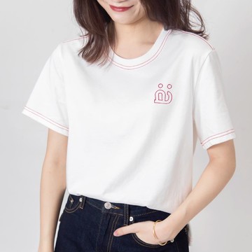 archi 白色紅色圓領薄款純棉寬松撞色刺繡字母情侶設計感開衩T恤
