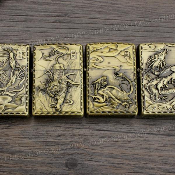 四神 リューター加工 デザイン オイルライター ZIPPO 同型 Jantai 霊獣 聖獣 和柄 和彫り 白虎 青龍 朱雀 玄武 ゴールド 送料無料