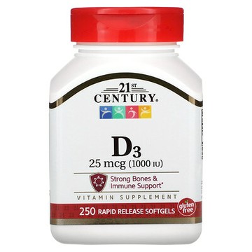 21st Century, 維生素 D3，25 微克（1000 國際單位），250 粒速釋軟膠囊