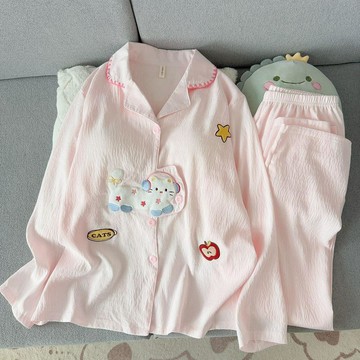 精品來襲 睡衣 可愛小貓刺繡睡衣女帶胸墊春秋季雲朵棉長袖長褲可外穿家居服套裝