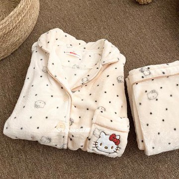 韓國ins圓點小貓睡衣女秋冬季加厚珊瑚絨可愛保暖法蘭絨卡其套裝