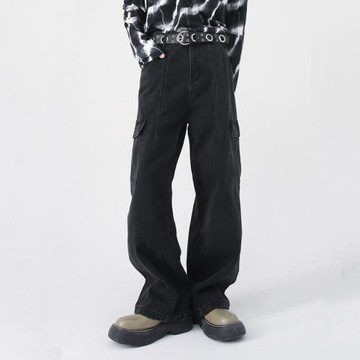 美式街頭慵懶復古滑板多口袋墜感工裝牛仔褲男寬松直筒闊腿老爹褲