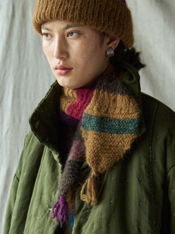 日系復古 羊毛混紡針織圍巾 拼色圍脖