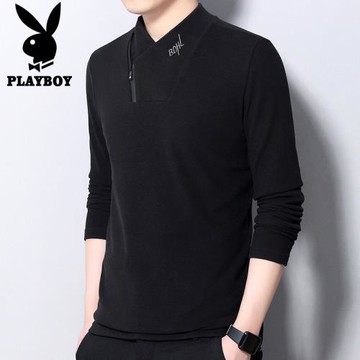 花花公子春秋長袖t恤男士黑色上衣2026年新款德絨休閑打底衫男款