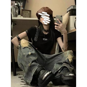 美式復古廢土風 潑墨破洞牛仔褲女 夏季新款 水洗垂感 直筒拖地長褲 潮 高街美式 直筒牛仔褲 直筒長褲 美式牛仔褲 美式