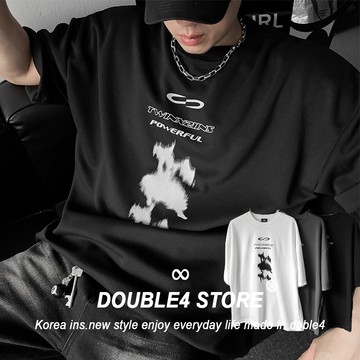 【DOUBLE4】韓國 美式 街頭 人物 幻影 寬鬆 大版 TWINX21INS 挺版 男裝短袖 2521