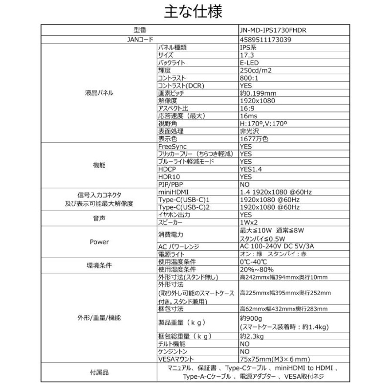 JAPANNEXT モバイルモニター 17.3インチ IPSパネル pcモニター