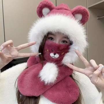 可愛冬天帽子圍巾一體毛茸茸護耳雷鋒帽女加厚騎電動車防風帽保暖 雙11全館免運