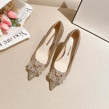 法式高跟鞋冬季女2024年新款水晶鞋婚鞋新娘鞋主婚紗鞋子結婚小眾