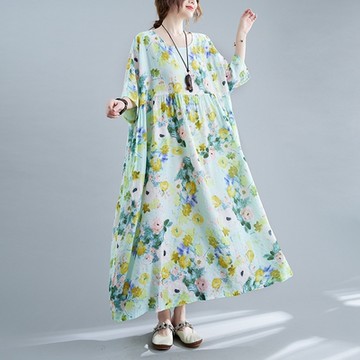 [米蘭精品] 連身裙棉麻洋裝-印花寬鬆大擺長款女裙子2色74cs25