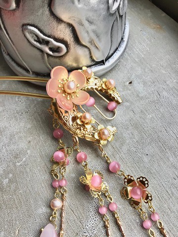 喵手作~月彎彎髮釵/金、粉色系