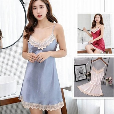 ルームウェア 部屋着 パジャマ ワンピース レディース ルームウェア キャミソールワンピース サテン風 女性 寝巻き 春 夏 ネグリジェ レース Vネック 無地 通販 Lineポイント最大get Lineショッピング