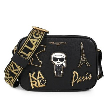 KARL LAGERFELD MAYBELLE 卡爾老摩爺圖騰織紋寬帶雙層斜背包(黑色)