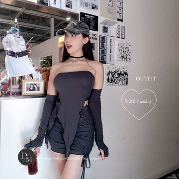 【DOMISS自訂】黑曜曲線｜不規則開衩手袖設計+平口背心+短裙三件套洋裝(現貨)