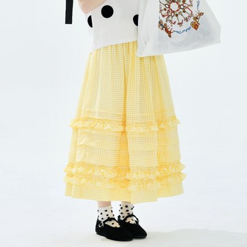 黃色小格點花邊半身裙 / 裙子