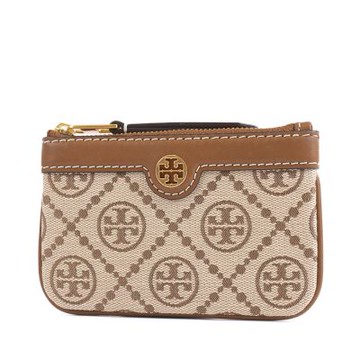 TORY BURCH 專櫃款 緹花LOGO織布拚皮革拉鍊鑰匙零錢包-榛果棕