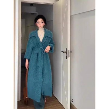 高級感長款馬海毛毛衣外套女秋冬新款加厚浴袍大衣翻領針織開衫