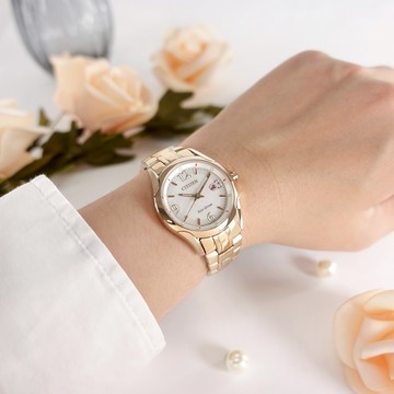 CITIZEN 星辰/EW1782-55A / 光動能 珍珠母貝 藍寶石水晶玻璃 不鏽鋼女錶 銀白x鍍玫瑰金 31mm