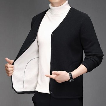 啄木鳥搖粒絨外套男秋冬新款無領羊羔絨夾克男士V領開衫抓絨衛衣