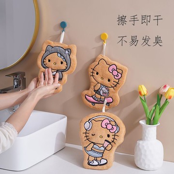 臺灣出貨💥黑皮kitty擦手巾珊瑚絨加厚廚房卡通吸水毛巾速幹家用可掛巾