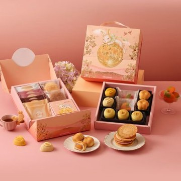 【金格食品】中秋幻采月雙層禮盒A款2盒組(金沙芋泥燒/桃山月餅/萌萌兔杯緣子/中秋禮盒)
