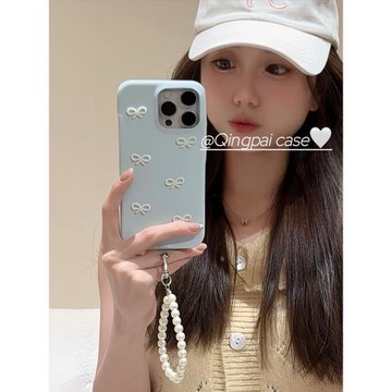 輕派皮質奶藍色蝴蝶結珍珠鏈條適用蘋果15promax手機殼iphone13新款16pro女款設計感14簡約ins韓系11全包軟殼