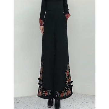 秋季新款民族風刺繡闊腿褲裙褲新中式國風繡花直筒褲垂感長褲子女