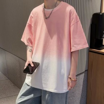 漸變粉色t恤男夏季純棉寬松300g重磅圓領短袖潮牌潮流情侶裝半袖