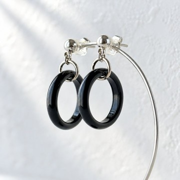 20mm 黑瑪瑙天然石耳環 - 環 -onyx-