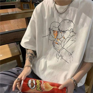 【夏季上新】夏季新款純棉圓領短袖潮流印花個性簡約男士t恤白色寬鬆帥氣上衣