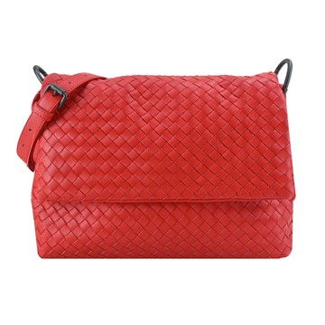 BOTTEGA VENETA經典編織小羊皮翻蓋肩背包/斜背包(紅色)