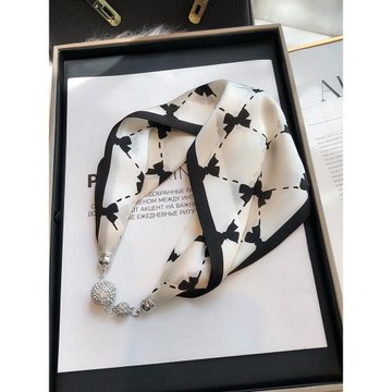 黑白色真絲絲巾磁扣項鏈女春夏吊墜護頸椎100%桑蠶絲小領巾搭襯衫