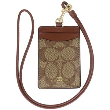 COACH 防水帆布咖皮革掛繩證件夾