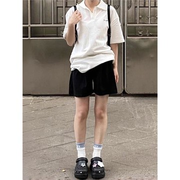 美式高腰運動短褲女夏a字純棉熱褲顯瘦百搭寬松闊腿黑色休閑中褲