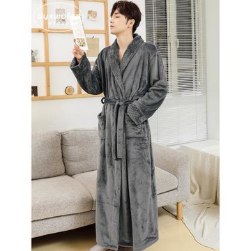 維多利亞冬法蘭絨加厚加長款珊瑚絨睡袍冬季加絨保暖浴衣男士浴袍