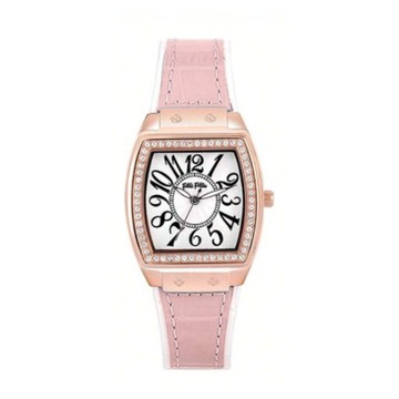 【Folli Follie】29毫米 清爽配色  精鑲水晶錶圈 鱷魚壓紋真皮腕錶(玫瑰金x粉白 FF230732)