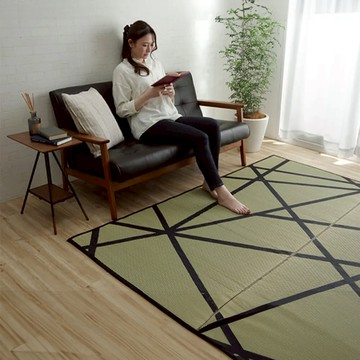 日本 IKEHIKO池彥 藺草地毯Lewin 幾何線條極簡風格 現代美學 - 黝黝黑/黑底白線-191×191cm