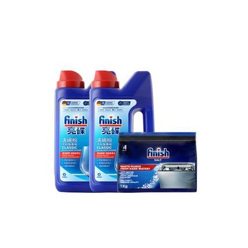 finish亮碟 洗碗機洗滌軟水組 軟化鹽1kg+強力洗滌粉劑1kg x2