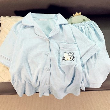 【砂糖夢境】藍色KT貓睡衣女夏季薄款短袖短褲學生可愛甜美可愛家居服套裝夏天