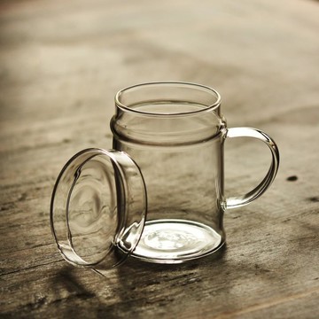 班意 日式水杯帶蓋玻璃單層泡茶杯辦公室家用綠茶花茶水杯子帶把